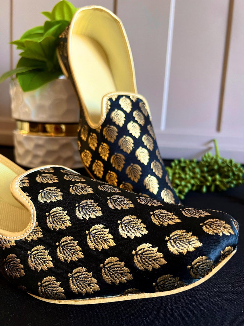 Black handmade men's jutti / mojari wedding shoes in soft banarasi silk with banarasi silk with gold buttis — Kaash Collection