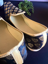 Black handmade men's jutti / mojari wedding shoes in soft banarasi silk with banarasi silk with gold buttis — Kaash Collection