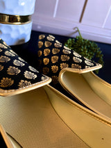 Black handmade men's jutti / mojari wedding shoes in soft banarasi silk with banarasi silk with gold buttis — Kaash Collection