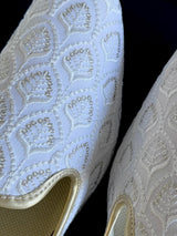 White handmade men's jutti / mojari wedding shoes in cotton silk with embroidery with tiny gold sequins — Kaash Collection