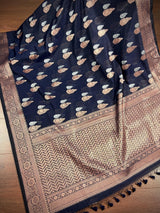 Navy Blue Cotton Silk Banarasi saree in banarasi cotton silk with antique copper & silver zari double buttas — Kaash Collection