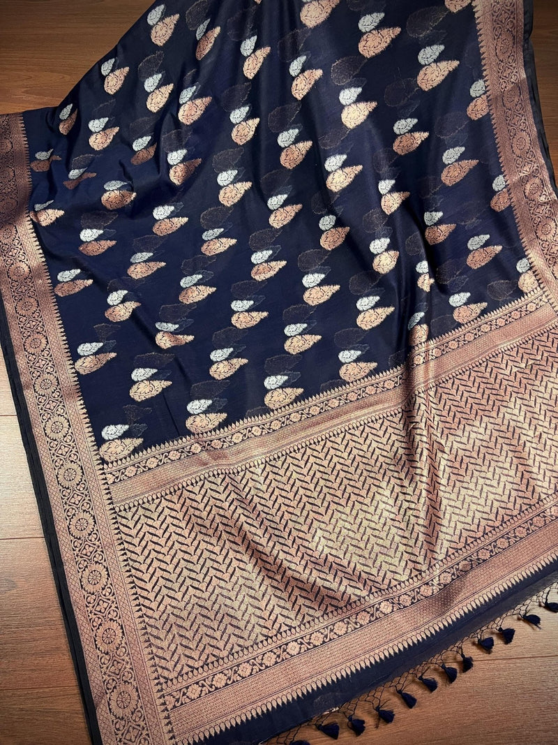 Navy Blue Cotton Silk Banarasi saree in banarasi cotton silk with antique copper & silver zari double buttas — Kaash Collection