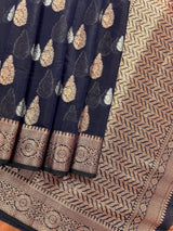 Navy Blue Cotton Silk Banarasi saree in banarasi cotton silk with antique copper & silver zari double buttas — Kaash Collection