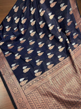 Navy Blue Cotton Silk Banarasi saree in banarasi cotton silk with antique copper & silver zari double buttas — Kaash Collection