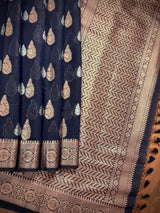 Navy Blue Cotton Silk Banarasi saree in banarasi cotton silk with antique copper & silver zari double buttas — Kaash Collection