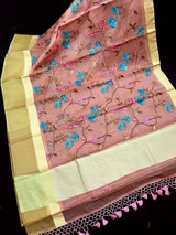 Handmade Onion Pink Color Banarasi Kora Organza Saree - Floral Jaal Embroidery - Kaash