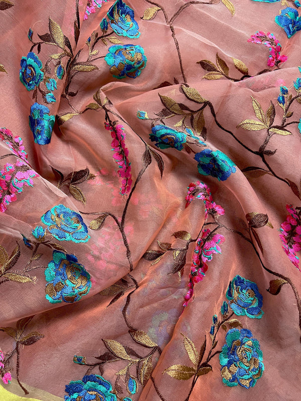 Handmade Onion Pink Color Banarasi Kora Organza Saree - Floral Jaal Embroidery - Kaash