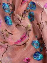 Handmade Onion Pink Color Banarasi Kora Organza Saree - Floral Jaal Embroidery - Kaash