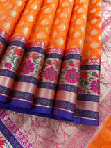 Orange Banarasi Kora Organza saree in banarasi kora organza silk with paithani borders with floral meenakari — Kaash Collection