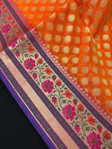 Orange Banarasi Kora Organza saree in banarasi kora organza silk with paithani borders with floral meenakari — Kaash Collection