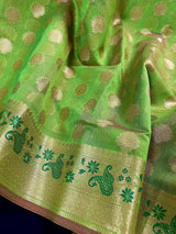 Parrot Green Banarasi saree in banarasi semi silk with green meenakari with small buttas & beautiful pallu — Kaash Collection