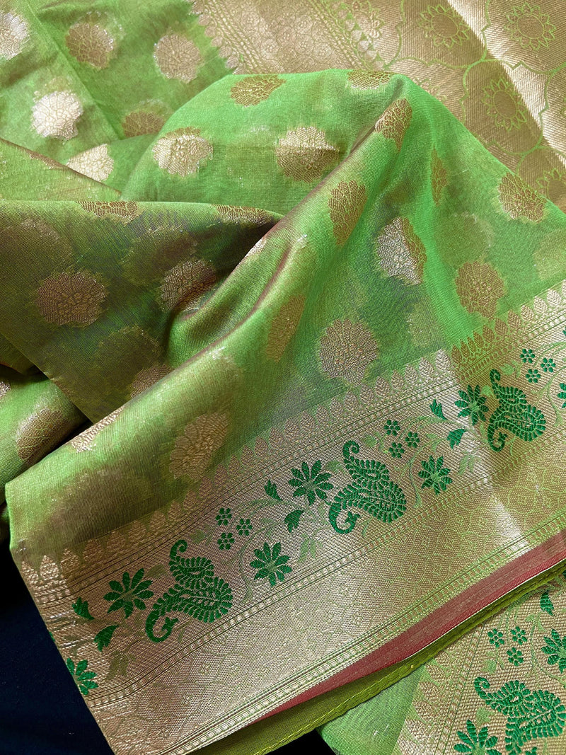 Handmade Parrot Green Semi Banarasi Silk Saree with Meenakari Work | Handmade with Zari Weaving - Kaash