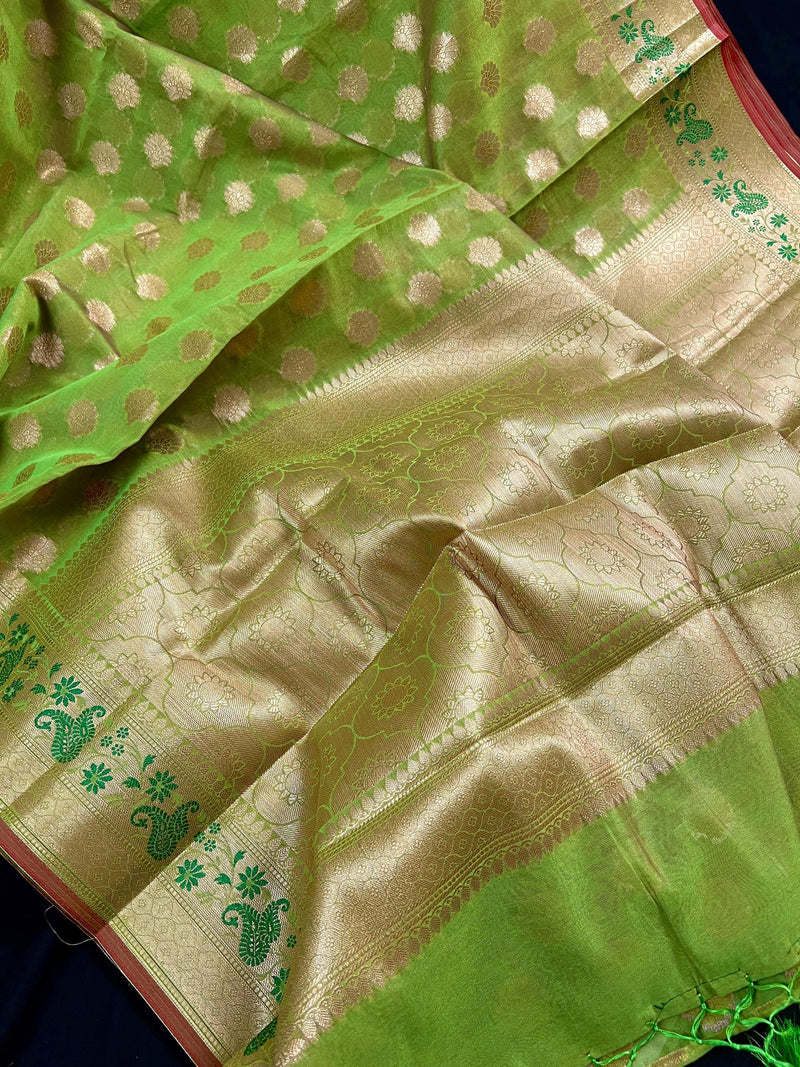 Handmade Parrot Green Semi Banarasi Silk Saree with Meenakari Work | Handmade with Zari Weaving - Kaash