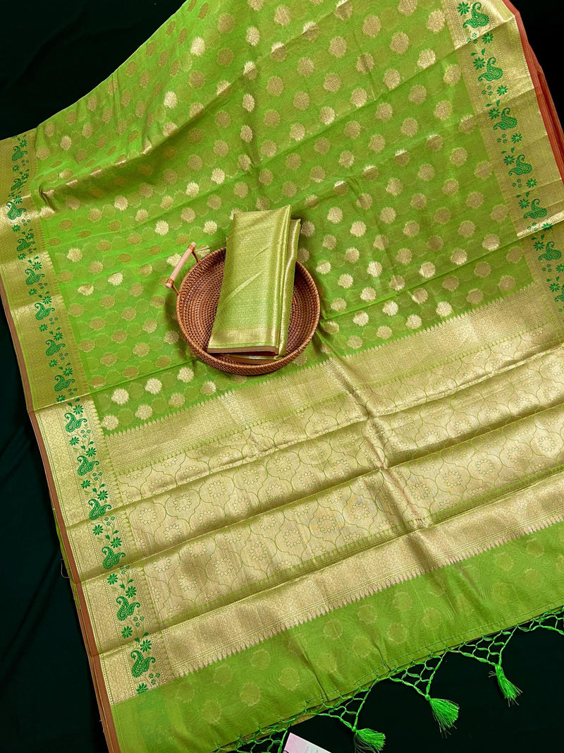 Handmade Parrot Green Semi Banarasi Silk Saree with Meenakari Work | Handmade with Zari Weaving - Kaash