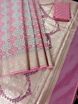 Pastel Pink & Blue Kora saree in banarasi kora silk with muted gold zari weave on kora — Kaash Collection