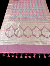 Pastel Pink & Blue Kora saree in banarasi kora silk with muted gold zari weave on kora — Kaash Collection