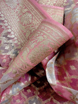 Pastel Pink & Blue Kora saree in banarasi kora silk with muted gold zari weave on kora — Kaash Collection