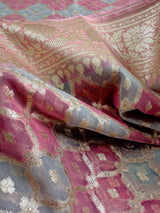Pastel Pink & Blue Kora saree in banarasi kora silk with muted gold zari weave on kora — Kaash Collection