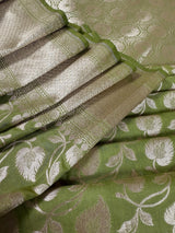 Handmade Pastel Pista Green Semi Banarasi Silk in Muted Gold Zari with Floral Jaal Design | Banarasi Silk Saree | Soft Silk Sarees - Kaash