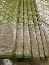 Handmade Pastel Pista Green Semi Banarasi Silk in Muted Gold Zari with Floral Jaal Design | Banarasi Silk Saree | Soft Silk Sarees - Kaash