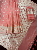Peach Kora Banarasi saree in banarasi kora silk with muted gold zari handwoven on kora — Kaash Collection