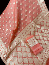 Peach Kora Banarasi saree in banarasi kora silk with muted gold zari handwoven on kora — Kaash Collection