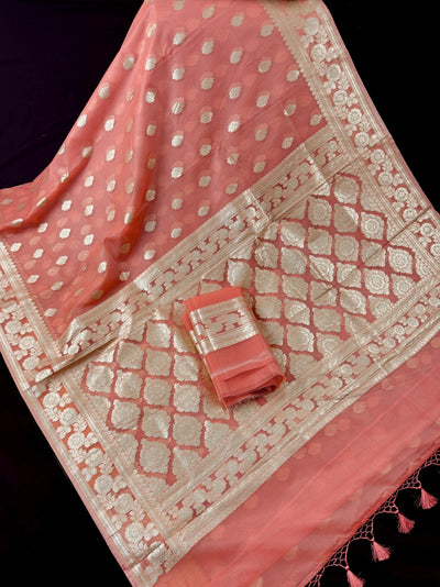 Peach Kora Banarasi saree in banarasi kora silk with muted gold zari handwoven on kora — Kaash Collection