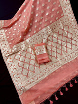 Peach Kora Banarasi saree in banarasi kora silk with muted gold zari handwoven on kora — Kaash Collection
