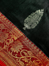 Pine Green with Maroon & Red saree in linen blend cotton silk with zari weaving with maroon & red borders — Kaash Collection