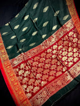 Pine Green with Maroon & Red saree in linen blend cotton silk with zari weaving with maroon & red borders — Kaash Collection