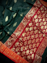Pine Green with Maroon & Red saree in linen blend cotton silk with zari weaving with maroon & red borders — Kaash Collection
