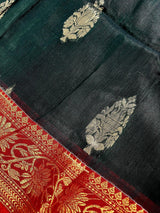 Pine Green with Maroon & Red saree in linen blend cotton silk with zari weaving with maroon & red borders — Kaash Collection
