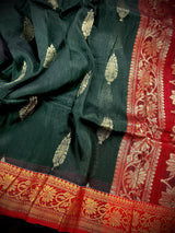 Pine Green with Maroon & Red saree in linen blend cotton silk with zari weaving with maroon & red borders — Kaash Collection