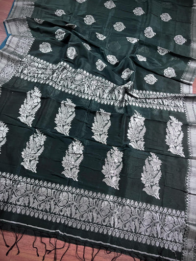Pine Green Linen Cotton Silk saree in linen blend cotton silk with silver zari weave on linen cotton silk — Kaash Collection