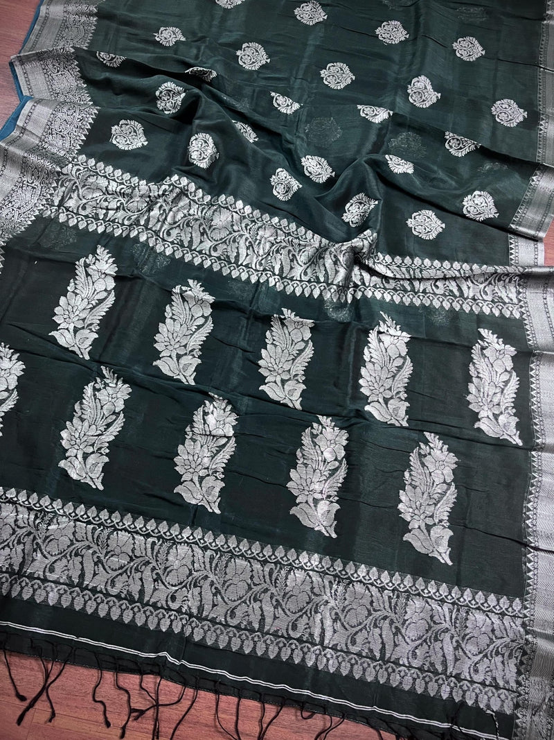 Pine Green Linen Cotton Silk saree in linen blend cotton silk with silver zari weave on linen cotton silk — Kaash Collection