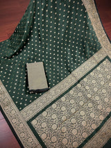Handmade Pine Green Color Soft Silk Saree - Muted Gold Resham Zari Weave - Brocade Blouse - Light Weight Easy Drape Saree - Gift For Her - Kaash