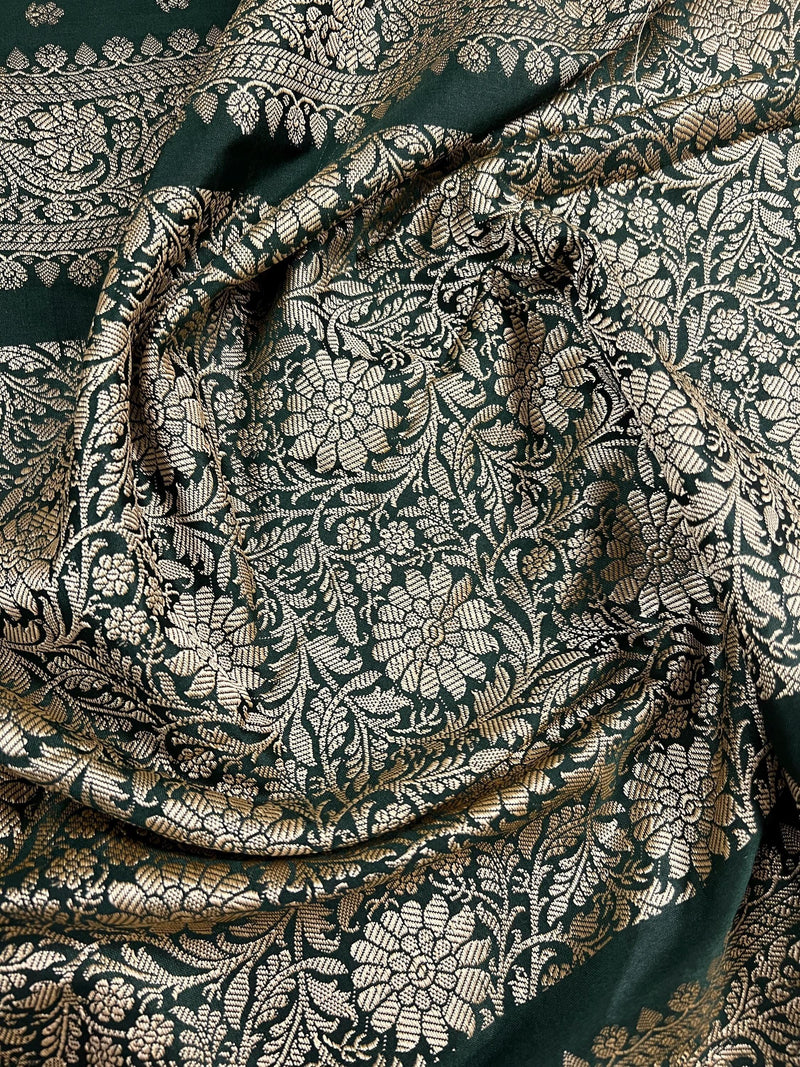 Handmade Pine Green Color Soft Silk Saree - Muted Gold Resham Zari Weave - Brocade Blouse - Light Weight Easy Drape Saree - Gift For Her - Kaash