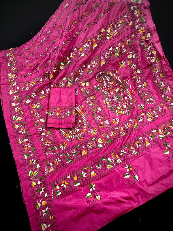 Handmade Pink Color Kantha Saree - Bangalori Silk Saree - Handwoven Kantha Stitch Sarees - Multi Color - Kantha Stitch Silk Saree - Kaash