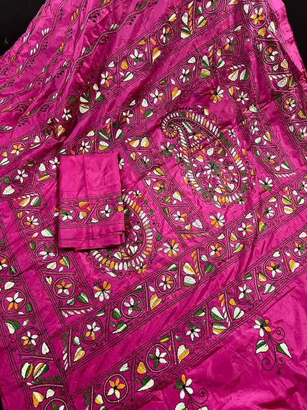 Handmade Pink Color Kantha Saree - Bangalori Silk Saree - Handwoven Kantha Stitch Sarees - Multi Color - Kantha Stitch Silk Saree - Kaash