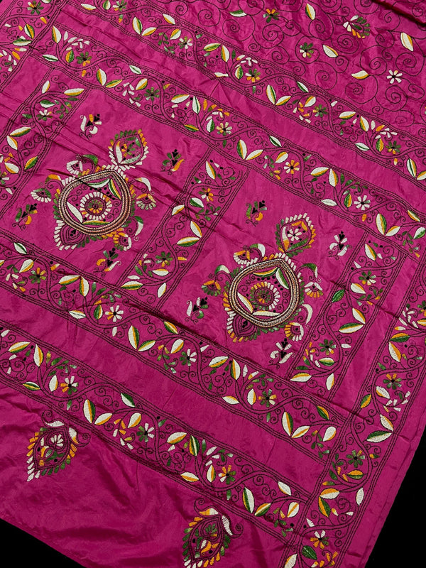 Handmade Pink Color Kantha Stitch Saree - Bangalori Silk Saree - Handwoven Kantha Stitch Saree - Multi Color - Kantha Stitch Silk Saree - Kaash