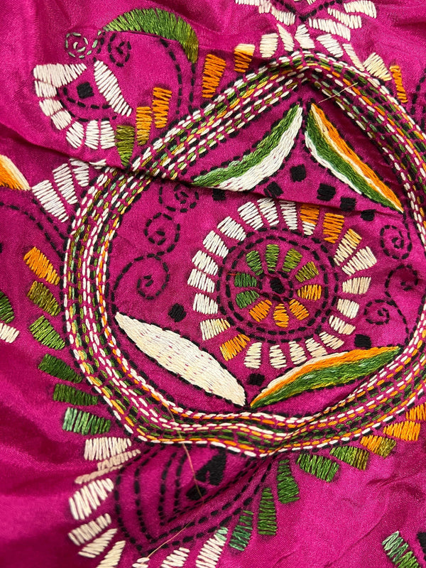 Handmade Pink Color Kantha Stitch Saree - Bangalori Silk Saree - Handwoven Kantha Stitch Saree - Multi Color - Kantha Stitch Silk Saree - Kaash