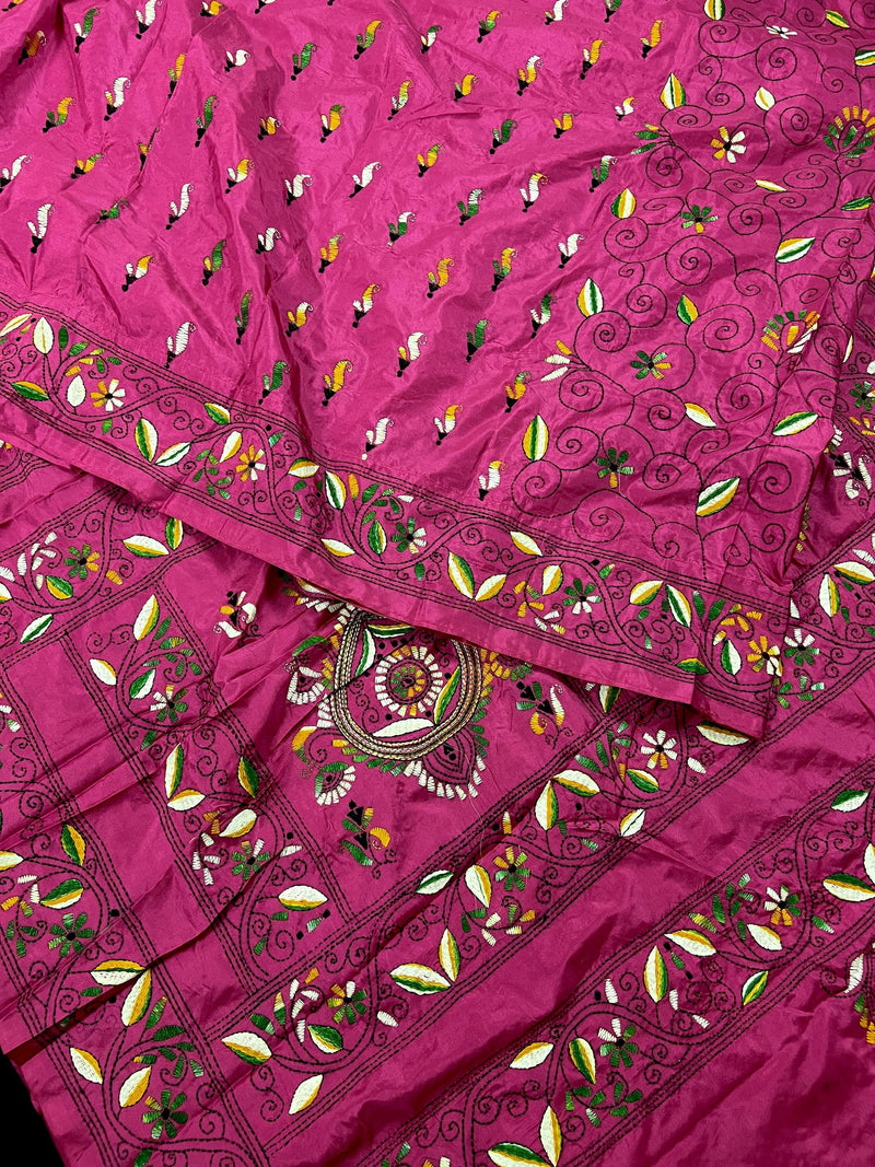 Handmade Pink Color Kantha Stitch Saree - Bangalori Silk Saree - Handwoven Kantha Stitch Saree - Multi Color - Kantha Stitch Silk Saree - Kaash