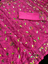 Handmade Pink Color Kantha Stitch Saree - Bangalori Silk Saree - Handwoven Kantha Stitch Saree - Multi Color - Kantha Stitch Silk Saree - Kaash