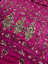 Handmade Pink Color Kantha Stitch Saree in Bangalori Silk - Handwoven Kantha Stitch Saree - Multi Color - Kantha Stitch Silk Saree - Kaash