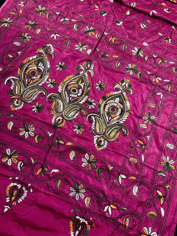 Handmade Pink Color Kantha Stitch Saree in Bangalori Silk - Handwoven Kantha Stitch Saree - Multi Color - Kantha Stitch Silk Saree - Kaash