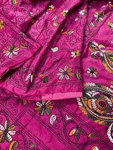 Handmade Pink Color Kantha Stitch Saree in Bangalori Silk - Handwoven Kantha Stitch Saree - Multi Color - Kantha Stitch Silk Saree - Kaash