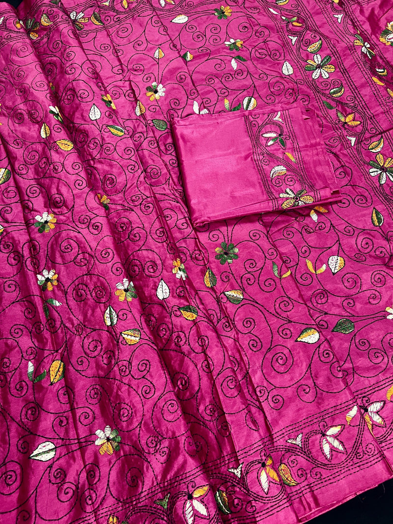 Handmade Pink Color Kantha Stitch Saree in Bangalori Silk - Handwoven Kantha Stitch Saree - Multi Color - Kantha Stitch Silk Saree - Kaash