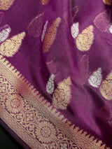 Handmade Purple Color Banarasi Cotton Silk Saree with Antique Copper and Sliver Zari Weave - Kaash