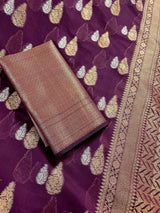 Handmade Purple Color Banarasi Cotton Silk Saree with Antique Copper and Sliver Zari Weave - Kaash
