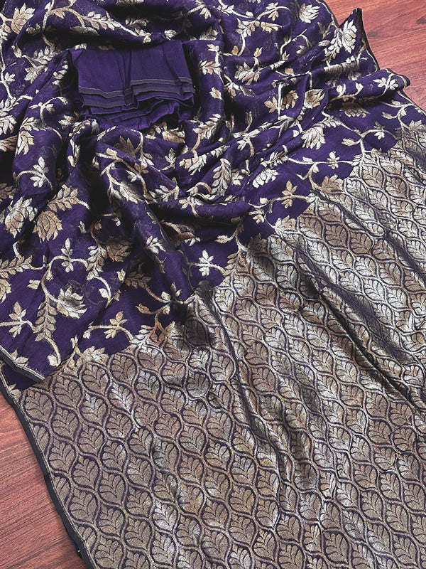 Handmade Purple Color Linen Jamdani Saree with Muted Gold Zari Weave - Kaash